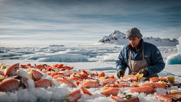 Bevroren zeevruchten beeld een chef-kok het verkennen van een ijskoud landschap het ontdekken van een reeks van bevroren zeevoedsel tr