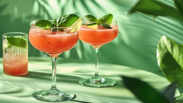 Foto bevrozen aardbeien basilicum cocktail in elegante stemware op groene schaduw achtergrond