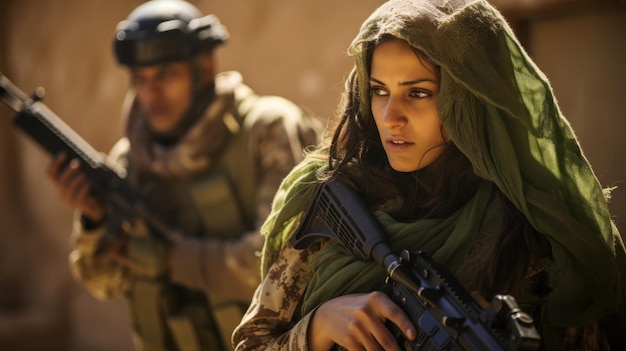 Foto bewaakte blikvrouw in groene sjaal met soldaat op achtergrond