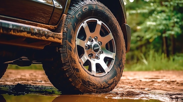 Beweeg de wielen banden en offroad dat gaat in het stof van de woestijn door de wielen op het zand Generative Ai