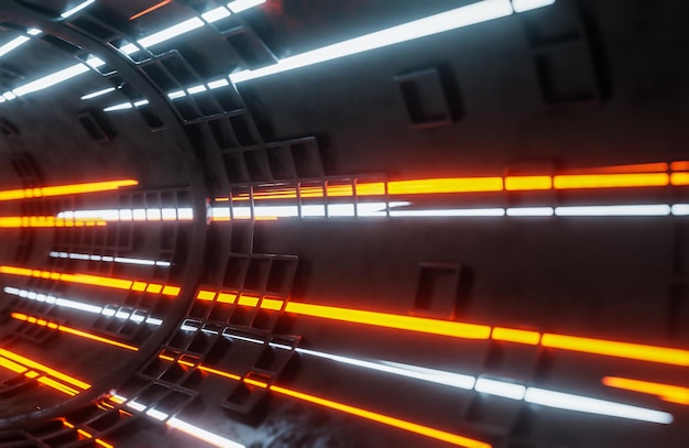 Bewegende lichtstralen in scifi-tunneldigitale achtergrond 3d-model en illustratie