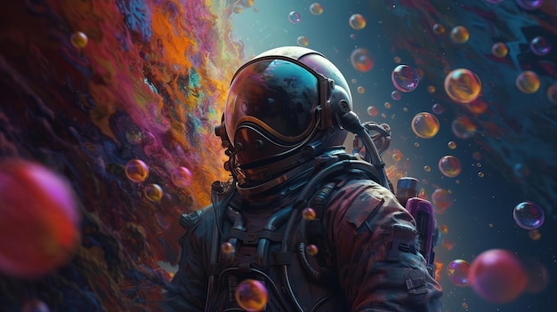 Сбивающее с толку изображение первооткрывателя космоса в красочной вселенной пузырей на безошибочно узнаваемой планете. Сгенерировано искусственным интеллектом.