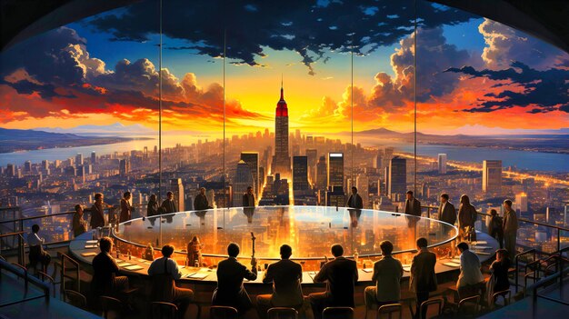 Bewonder de iconische skyline van New York City met deze luchtbeeldillustratie De warme kleuren van de zonsondergang creëren een adembenemende achtergrond voor het stedelijke landschap