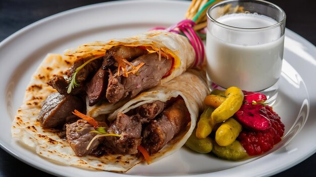 Beyti kebab served with ayran and pickles