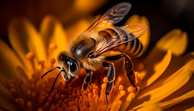 Bezige honingbij die stuifmeel ophaalt van een gele bloemkop gegenereerd door AI