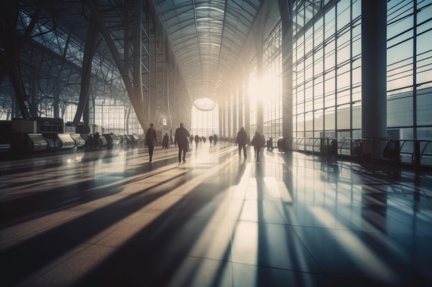 Bezige luchthaven of treinstation met vroege passagiers motion blur AI Gegenereerde inhoud
