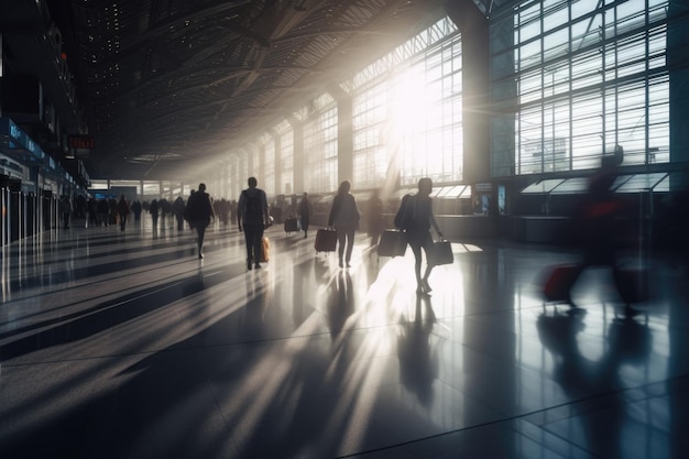 Bezige luchthaven of treinstation met vroege passagiers motion blur AI Gegenereerde inhoud