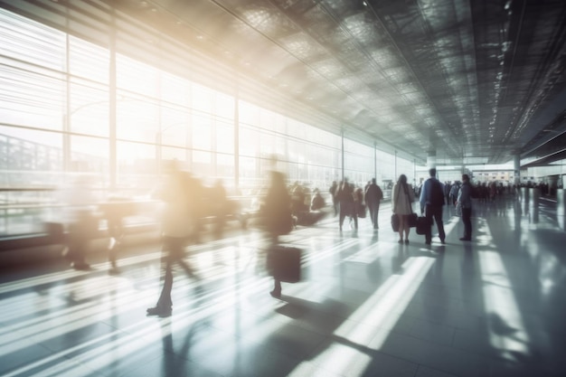 Bezige luchthaven of treinstation met vroege passagiers motion blur AI Gegenereerde inhoud