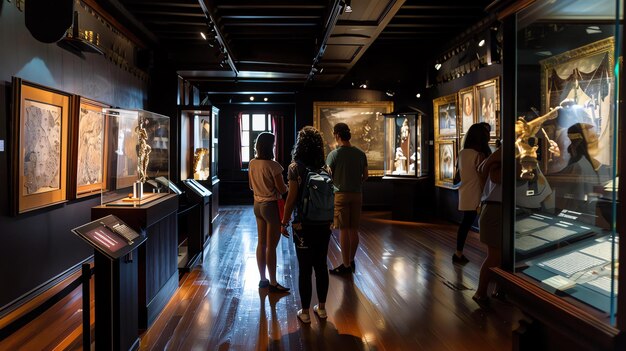 Bezoekers in een museum kijken naar tentoonstellingen achter glazen vitrines