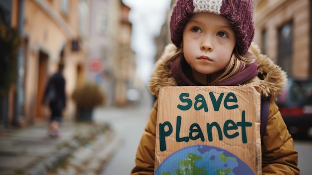 Bezorgd kind houdt Save Planet-bordje vast in stedelijke omgeving