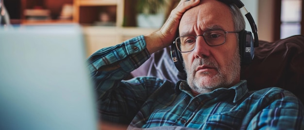 Bezorgde oudere man met koptelefoon staart naar het computerscherm en worstelt met digitale complexiteiten