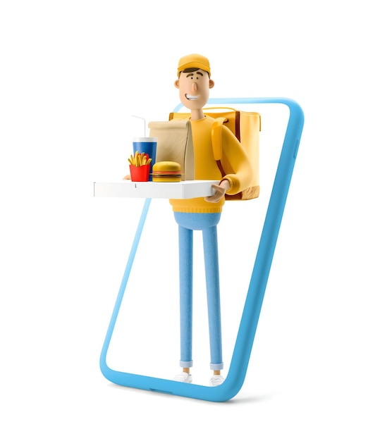 Bezorger in geel uniform staat met fastfood in wit telefoonscherm 3D-illustratie Cartoon personage Express online bezorgconcept