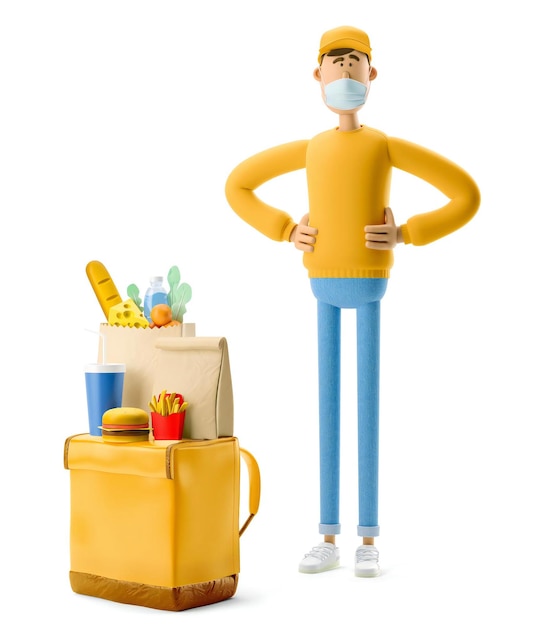 Bezorger in medisch masker en geel uniform staat met boodschappenzak en fastfood 3D-illustratie Cartoon personage Veilige bezorgconcept