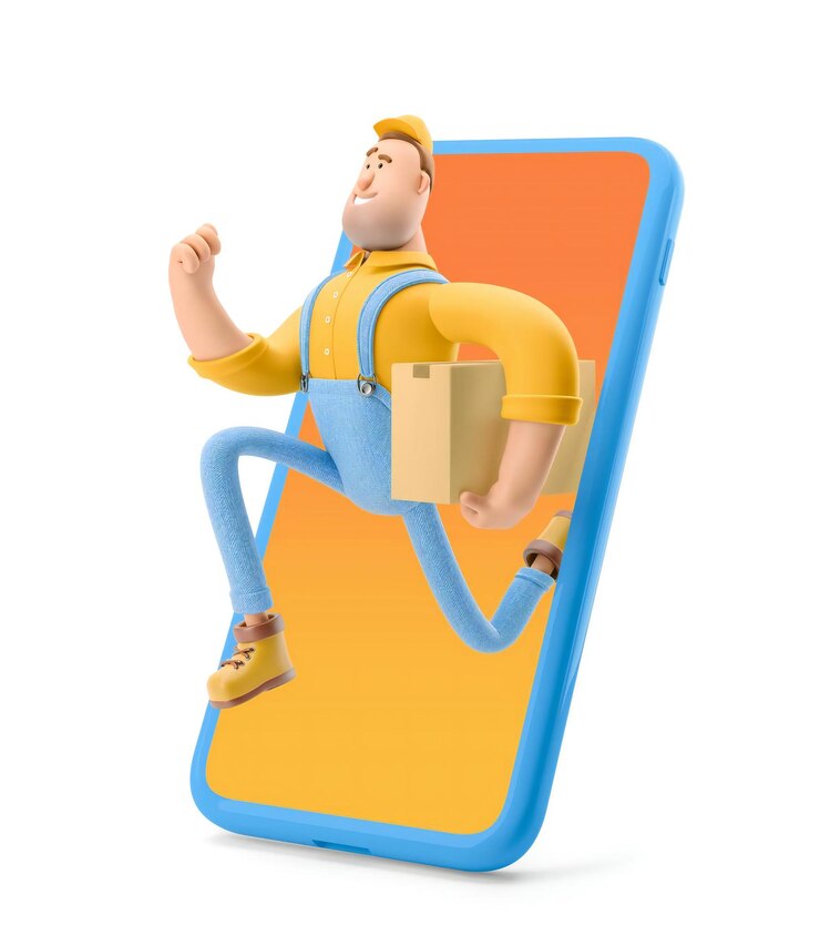 Foto bezorger loopt uit de telefoon met het pakket in zijn handen 3d illustratie stripfiguur express online leveringsconcept