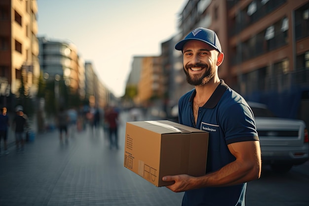 Bezorger met kartonnen doos straat op de achtergrond bezorging en logistiek Generatieve AI