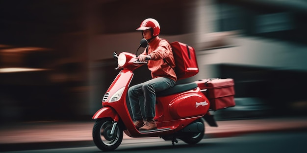 Bezorger rijdt scooter motorfiets met motion blur stadsgezicht achtergrond Generatieve AI