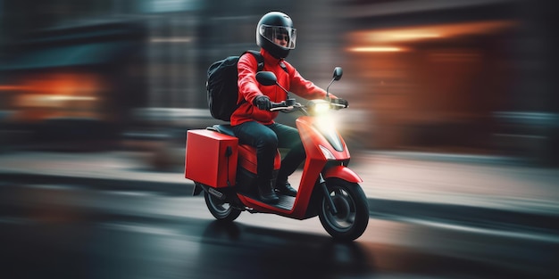 Bezorger rijdt scooter motorfiets met motion blur stadsgezicht achtergrond Generatieve AI