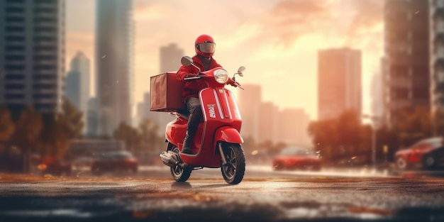 Bezorger rijdt scooter motorfiets met motion blur stadsgezicht achtergrond Generatieve AI