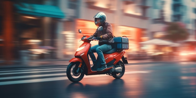 Bezorger rijdt scooter motorfiets met motion blur stadsgezicht achtergrond Generatieve AI