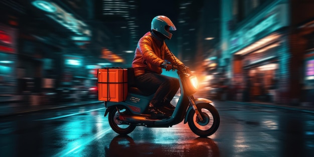 Bezorger rijdt scooter motorfiets 's nachts met neonlichten Bewegingsonscherpte stadsgezicht Generatieve AI