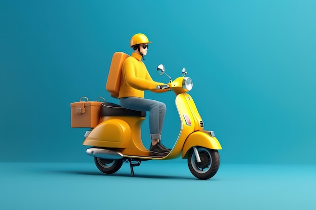 Bezorger rijdt scooter motorfiets voor online bezorgservice op blauwe achtergrond Generatieve AI