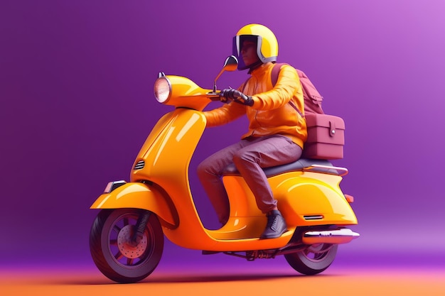 Bezorger rijdt scooter motorfiets voor online bezorgservice op paarse achtergrond Generatieve AI