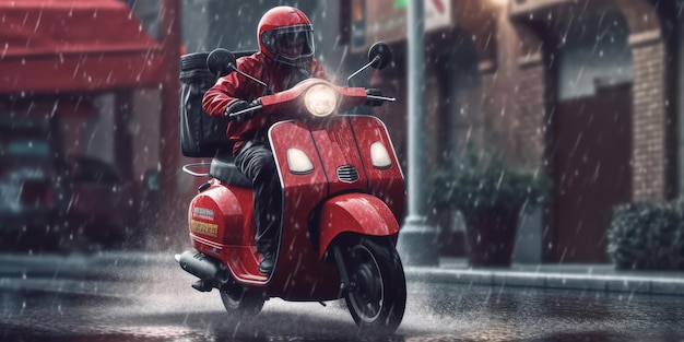 Bezorger rit scooter motorfiets op onweer achtergrond Generatieve AI
