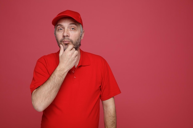 Bezorger werknemer in rode dop blanco tshirt uniform kijken camera met peinzende uitdrukking met hand op zijn kin denken staande over rode achtergrond