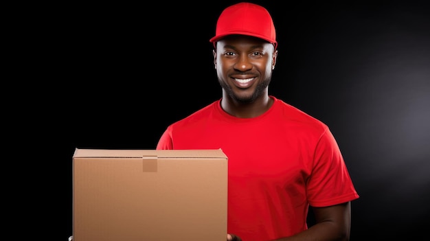 Bezorgmedewerker in rode kleding met een kartonnen doos met een pakketje op een donkere achtergrond