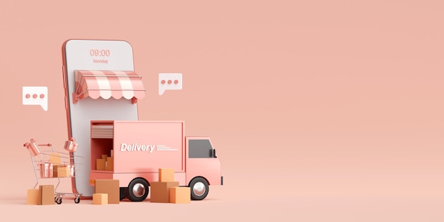 Bezorgservice op mobiele applicatie Transport levering per vrachtwagen 3D-rendering