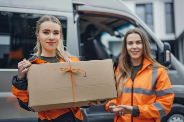 Bezorgvrouw met een kartonnen pakket in een open bezorgwagen