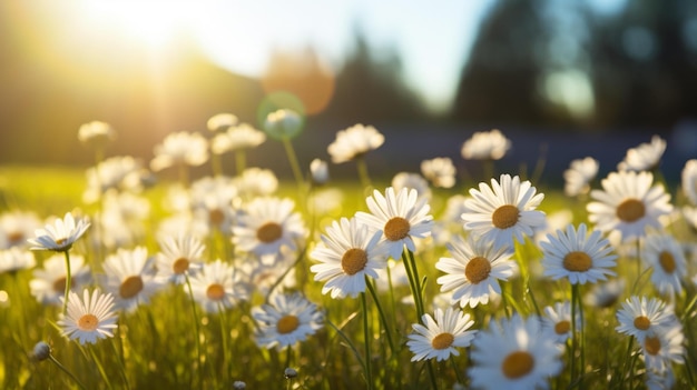 BField of daisies with the sun shining brightly