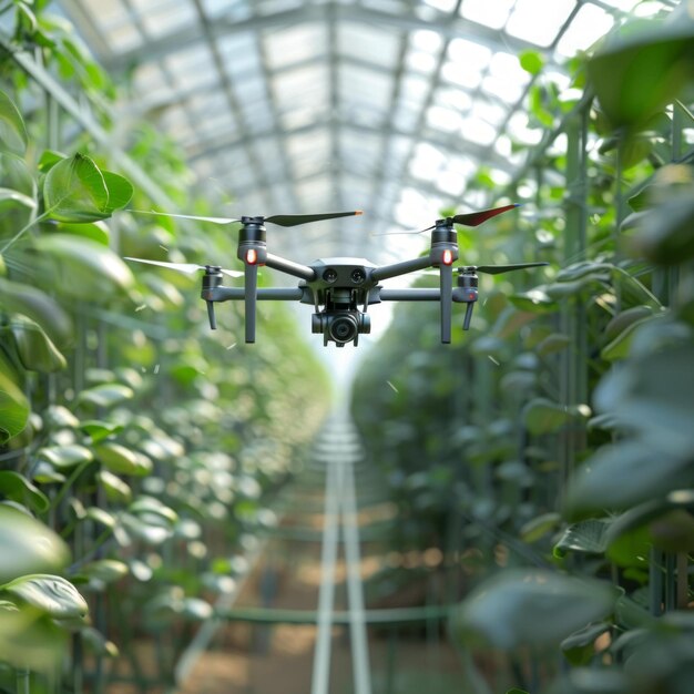 BFlying drone in greenhouse inspecting crops