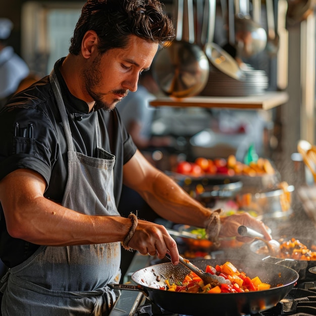 BFocused male chef cooking in a busy restaurant kitchen