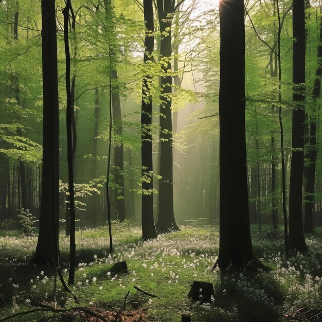 BGreen leaves and white flowers in the forest