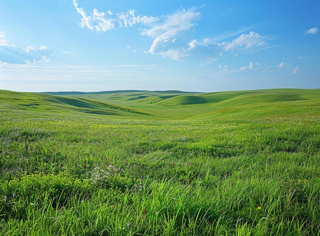 Photo bgreen rolling hills under blue sky with white clouds