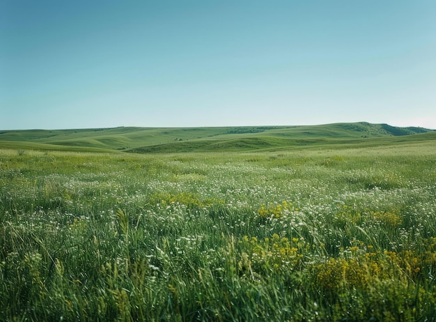 BGreen rolling hills with wildflowers under blue sky