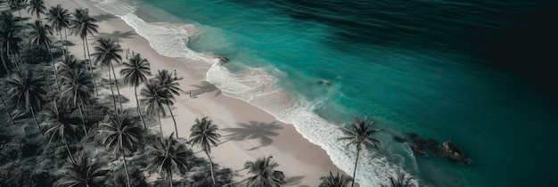 BHanner size View from above stunning aerial view of palms on the sandy beach Tropical landscape blue water waves generate ai