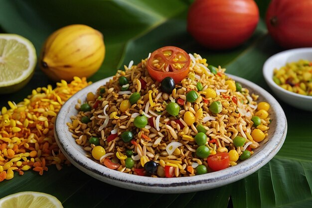 Photo bhel puri served on banana leaf mat