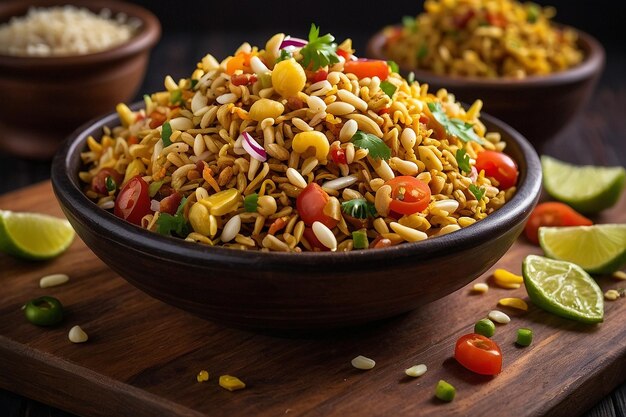 Foto bhel puri su una tavola da servizio in legno