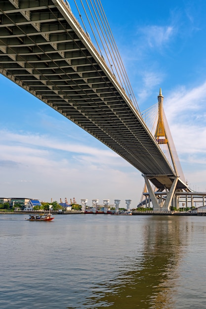 Bhumibol Bridge with water reflection in Thailand