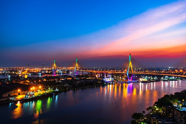 Bhumibol suspension bridge over Chao Phraya River at sunset in Bangkok city, Thailand