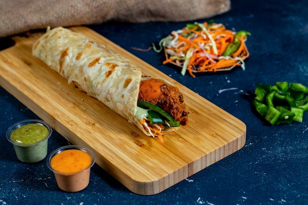 Bhuna Chicken shawarma Wrap with salad dip and sauce isolated wooden board side view of fastfood