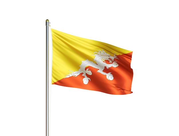 Bhutan national flag waving in isolated white background Bhutan flag 3D illustration