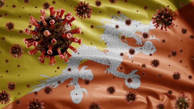 Bhutan waving flag and coronavirus microscope virus