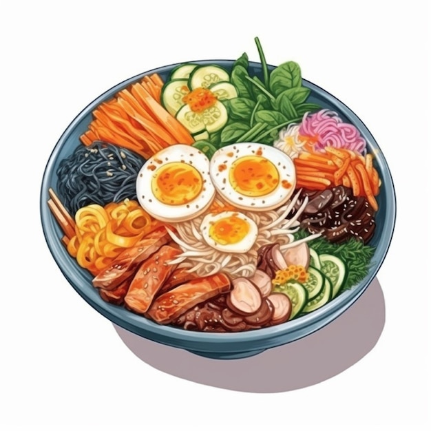 Bibimbap is Koreaanse voedselrijst met groenten, rundereieren en gochujang pittige saus AI gegenereerd