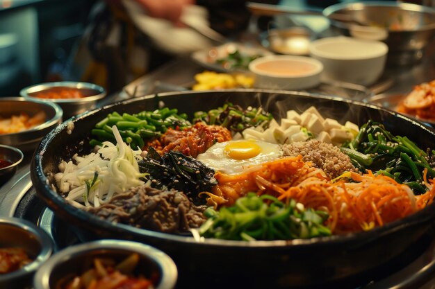 Foto bibimbap cibo coreano sul tavolo sfondo in stile bokeh