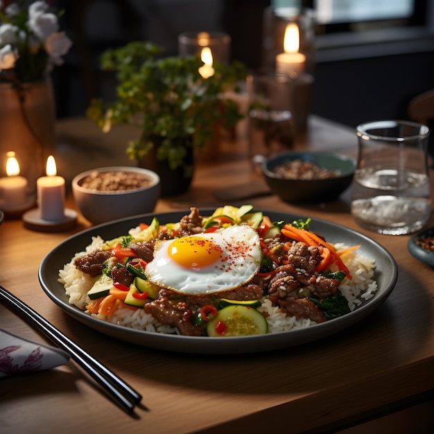 Bibimbap met gebakken eieren en groenten op een houten tafel