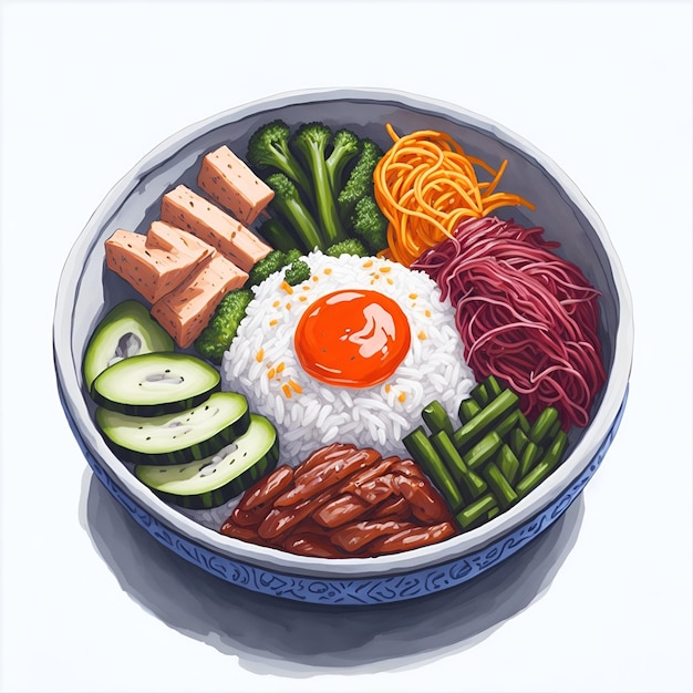 Foto illustrazione ad acquerello di bibimbap su sfondo bianco