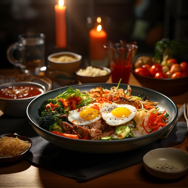 Bibimbap with fried eggs and vegetables on a wooden table